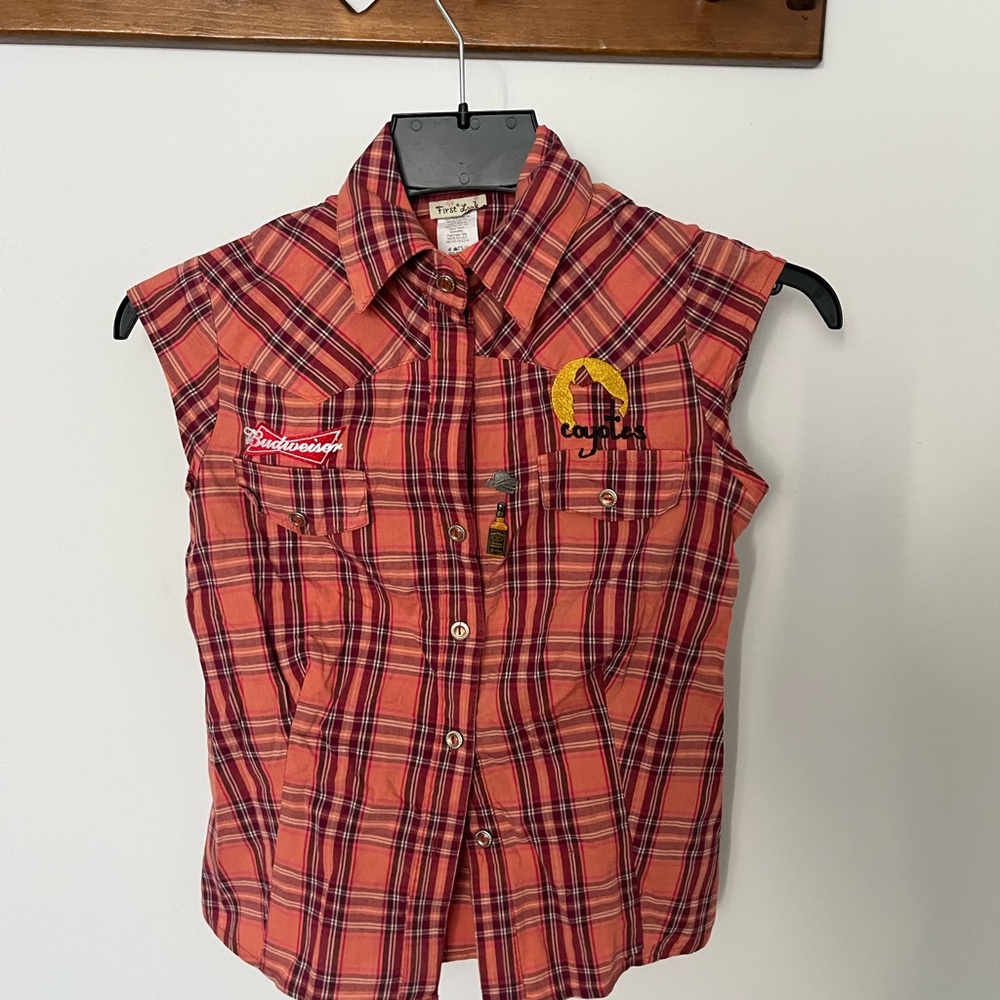First Looks Orange Plaid Sleeveless Button-Up Shirt with Embroidered Patches